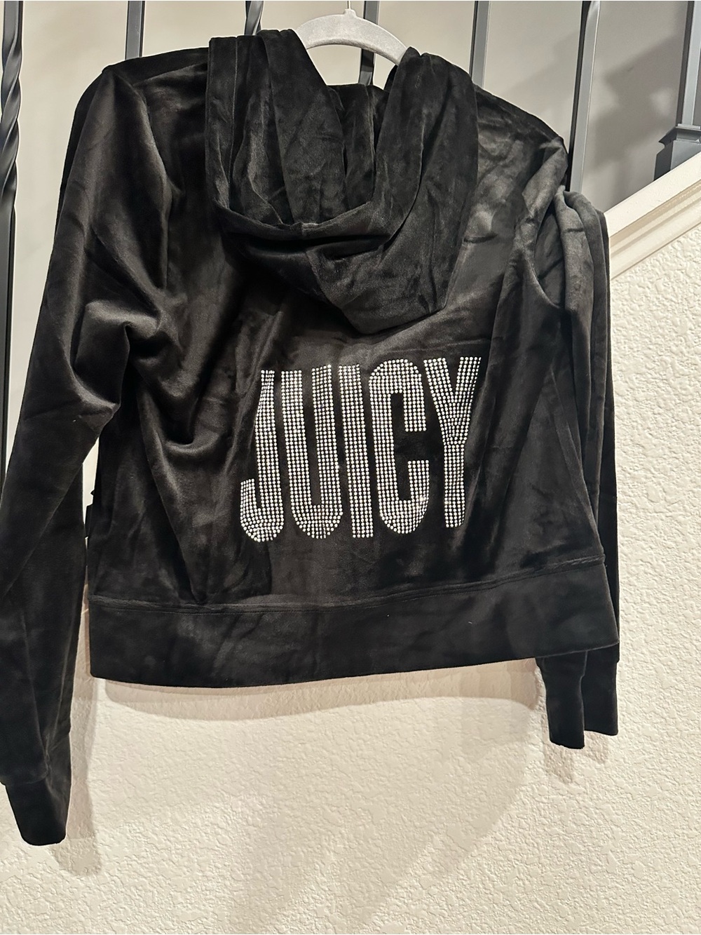 Juicy Couture Women's Black Velour Hoodie Jacket with Rhinestone Logo - large